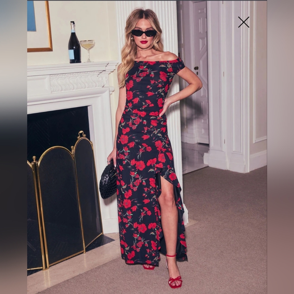 Vici colection floral Off-Shoulder Red and Black Dress